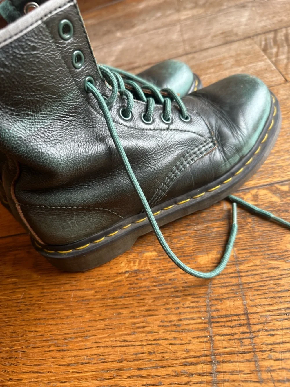 Dr. Martens Dark Green Leather Lace-Up Boots with Yellow Stitching - Picture 3 of 5